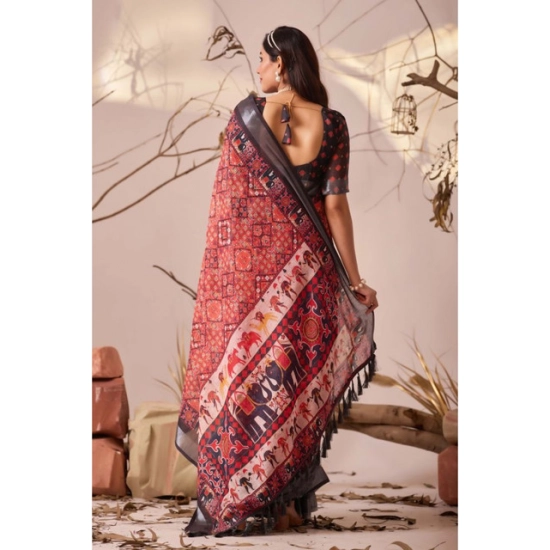 Generic Women's Faux_Linen Printed Saree With Unstitched Blouse 5.5Mtr (Red)