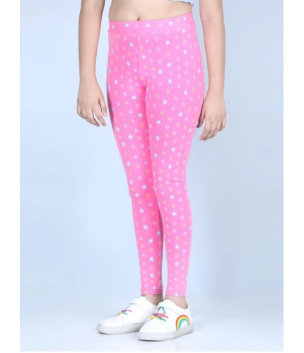 Generic Girl's Cotton Lycra Printed Elasticated Leggings (Pink)