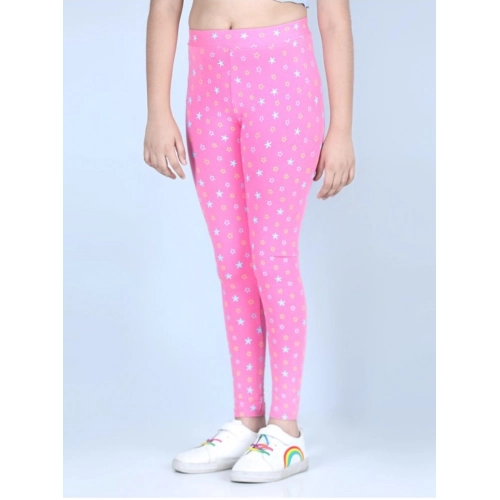 Generic Girl's Cotton Lycra Printed Elasticated Leggings (Pink)