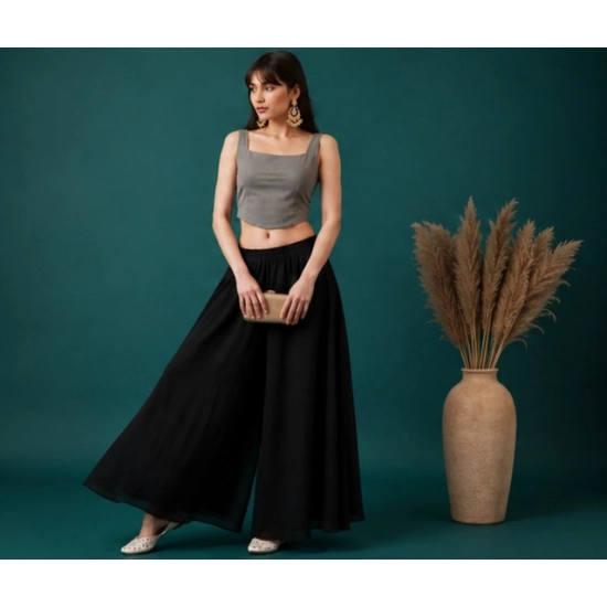 Generic Women's Georgette Solid Mid-Rise Wide Leg Flared Palazzo Pants with Elastic Waist (Black) Generic Women's Georgette Solid Mid-Rise Wide Leg Flared Palazzo Pants with Elastic Waist (Black)