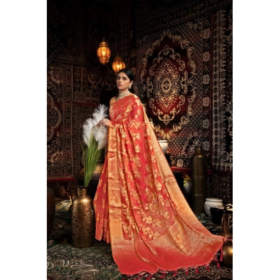 Generic Women's Organza Woven Saree With Unstitched Blouse 5.5Mtr (Red)