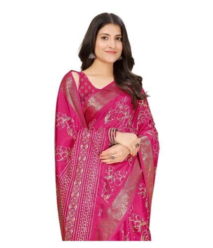 Generic Women's Cotton Silk Floral Printed Saree With Unstitched Blouse 5.5Mtr (Pink)