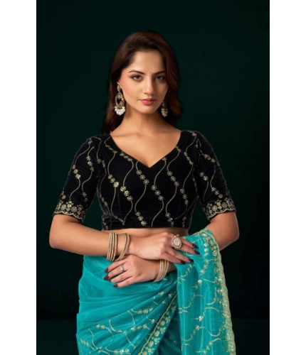 Generic Women's Net Sequence Saree With Unstitched Blouse 5.5Mtr (Turquoise)