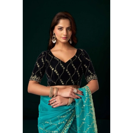 Generic Women's Net Sequence Saree With Unstitched Blouse 5.5Mtr (Turquoise)
