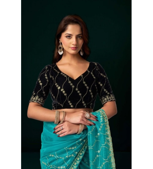 Generic Women's Net Sequence Saree With Unstitched Blouse 5.5Mtr (Turquoise)