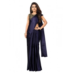 Generic Women's Satin Printed Saree With Unstitched Blouse 5.5Mtr (Navy Blue)