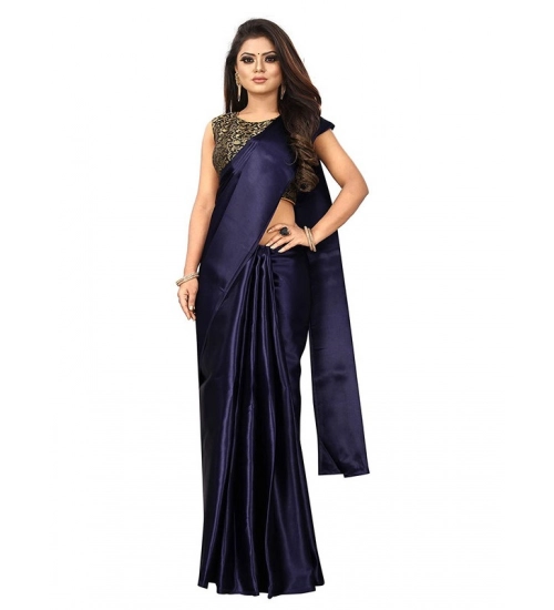 Generic Women's Satin Printed Saree With Unstitched Blouse 5.5Mtr (Navy Blue)