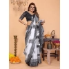 Generic Women's Linen Cotton Printed Saree With Unstitched Blouse 5.5Mtr (White-Black)