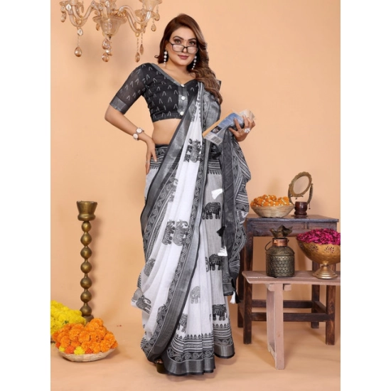 Generic Women's Linen Cotton Printed Saree With Unstitched Blouse 5.5Mtr (White-Black) Generic Women's Linen Cotton Printed Saree With Unstitched Blouse 5.5Mtr (White-Black)