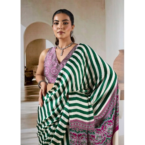 Generic Women's Satin Crepe Printed Saree With Unstitched Blouse 5.5Mtr (Green)