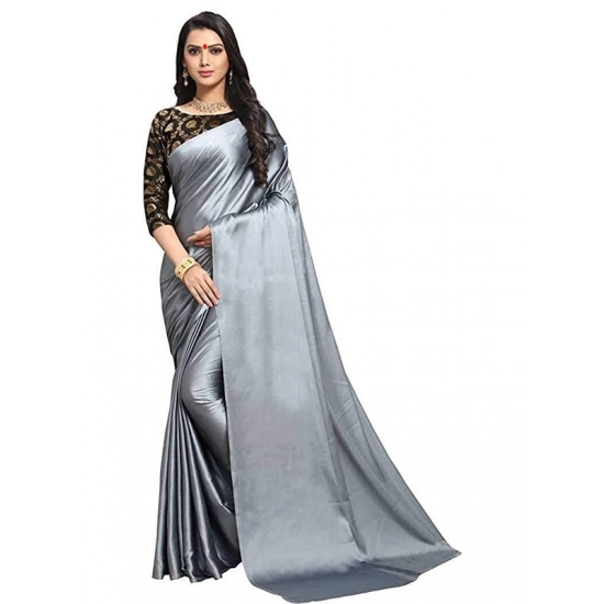 Generic Women's Satin Solid Saree With Unstitched Blouse 5.5Mtr (Grey)