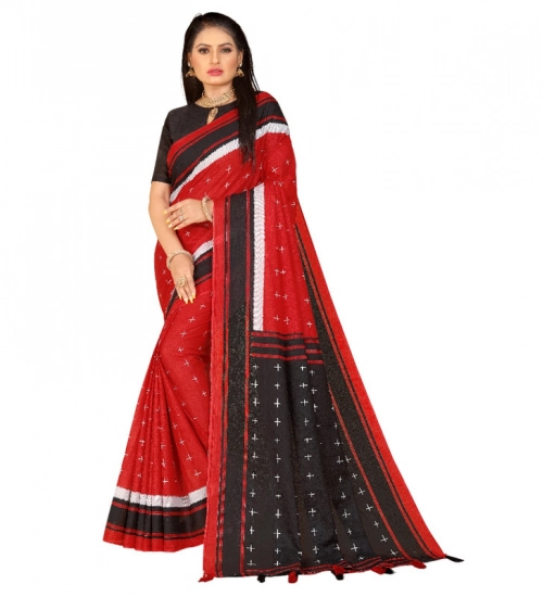 Generic Women's Soft Pure Cotton Printed Saree With Unstitched Blouse 5.5Mtr (Red)