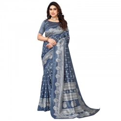 Generic Women's Litchi silk Printed Saree With Unstitched Blouse  5-6 Mtrs (Gray)
