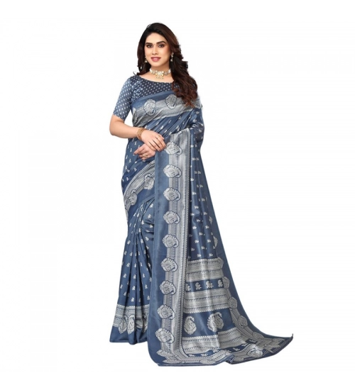 Generic Women's Litchi silk Printed Saree With Unstitched Blouse  5-6 Mtrs (Gray)