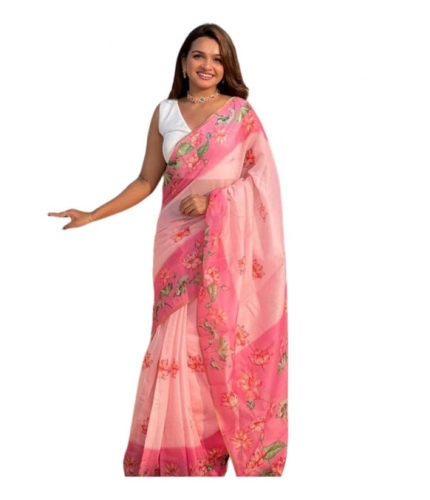 Generic Women's Linen Printed Saree With Unstitched Blouse 5.5Mtr (Pink)
