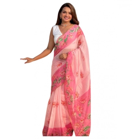 Generic Women's Linen Printed Saree With Unstitched Blouse 5.5Mtr (Pink)