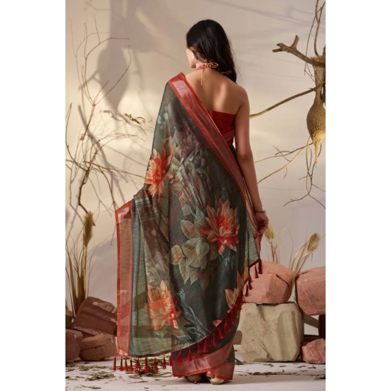 Generic Women's Faux_Linen Printed Saree With Unstitched Blouse 5.5Mtr (Dark_Green)
