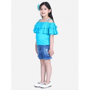 Generic Girl's Rayon Solid Cold Shoulder Top with Shorts (Blue)