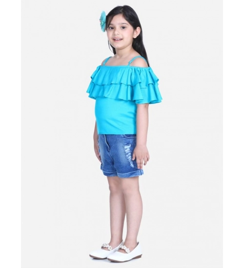 Generic Girl's Rayon Solid Cold Shoulder Top with Shorts (Blue)