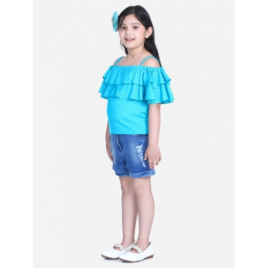 Generic Girl's Rayon Solid Cold Shoulder Top with Shorts (Blue)