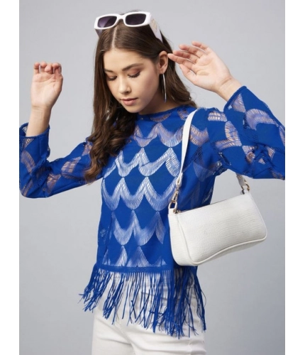 Generic Women's Lace Self Design Long Sleeves Top (Blue)