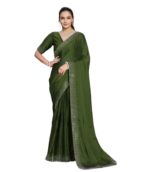 Generic Women's Rangoli Diamond Weaving - Stone Work Saree With Unstitched Blouse 5.5Mtr (Mahendi)