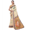 Generic Women's Linen Floral Printed Saree With Unstitched Blouse 5.5Mtr (Beige)
