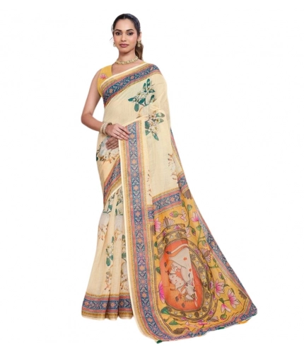 Generic Women's Linen Floral Printed Saree With Unstitched Blouse 5.5Mtr (Beige)