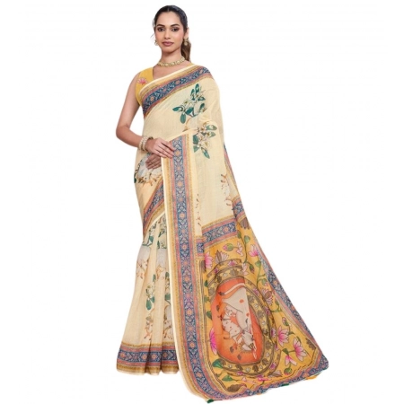 Generic Women's Linen Floral Printed Saree With Unstitched Blouse 5.5Mtr (Beige) Generic Women's Linen Floral Printed Saree With Unstitched Blouse 5.5Mtr (Beige)