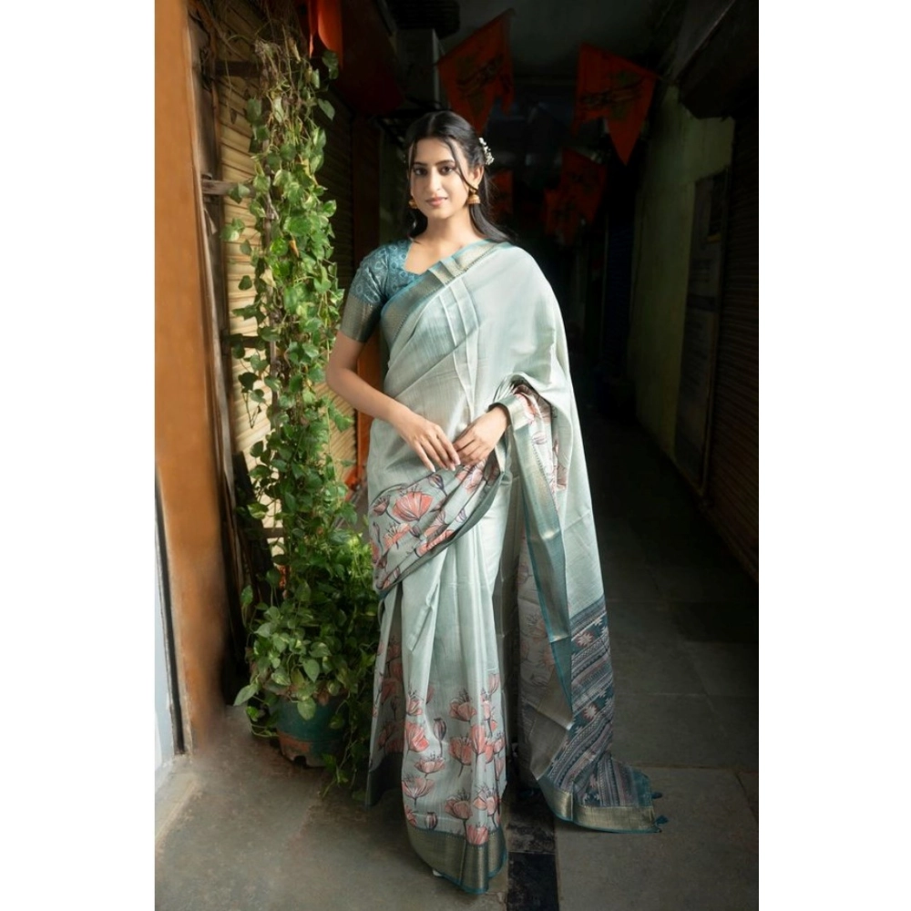 Women's Polyester Printed Saree With Unstitched Blouse 5.5 Mtr (Rama)
