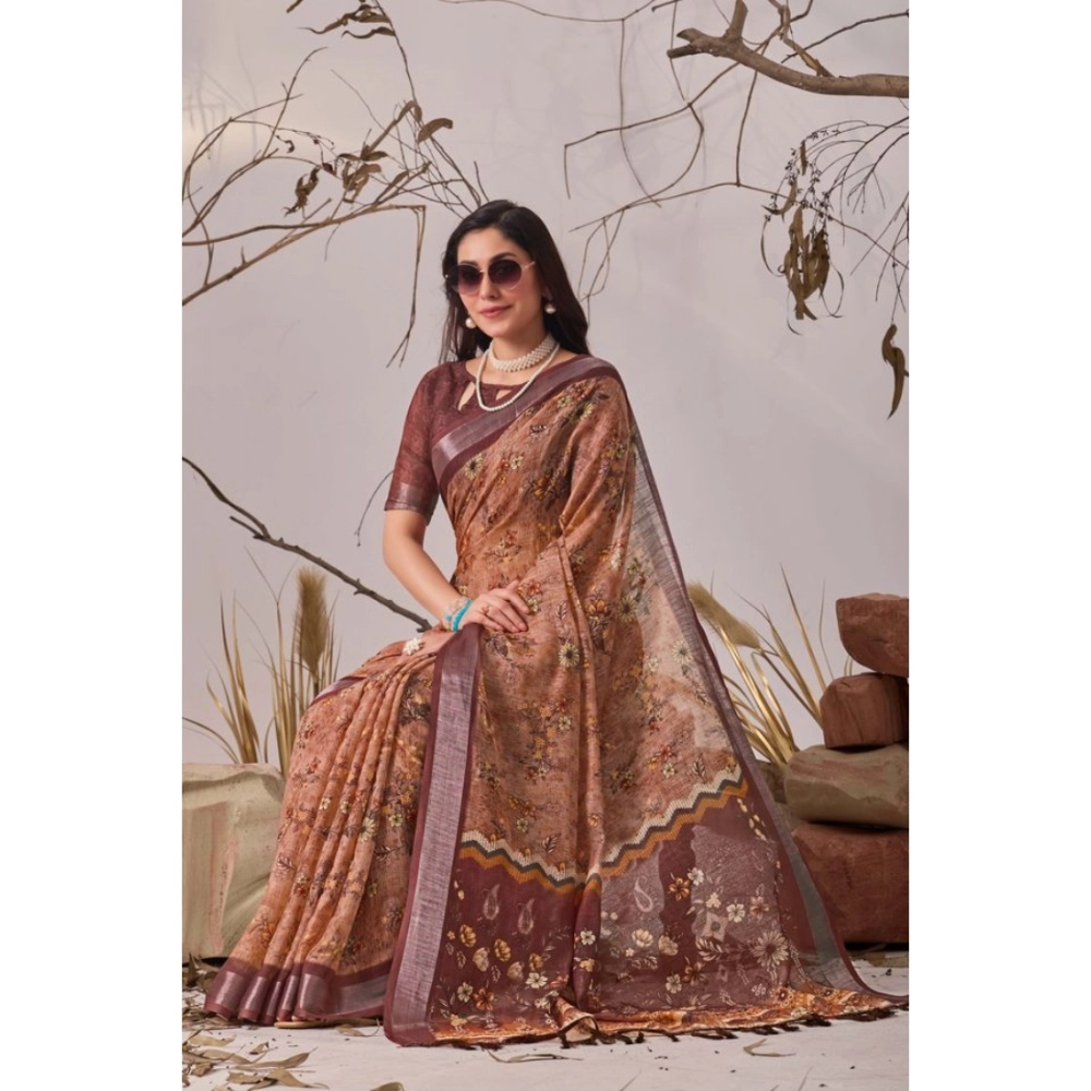 Generic Women's Faux_Linen Printed Saree With Unstitched Blouse 5.5Mtr (Bronze)