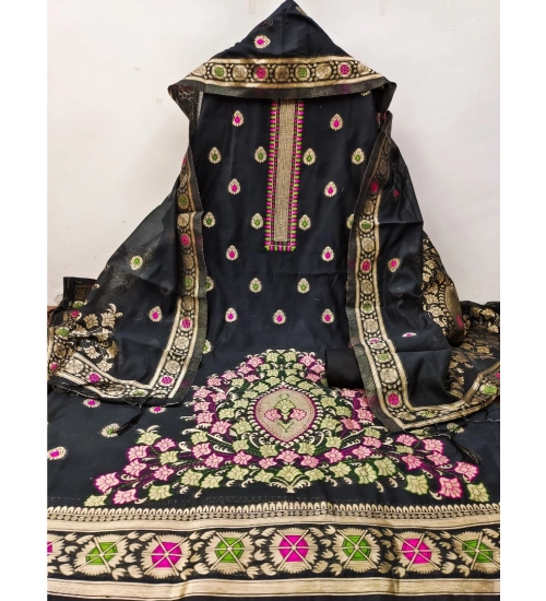 Generic Women's Banarasi Silk Printed Unstitched Salwar Suit Material With Dupatta (Black, 3Mtrs)