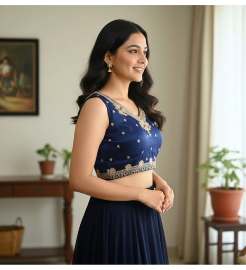 Generic Women's Zimmi Choo Embroidered V-Neck Padded Blouse (Navy 38 Ready (Self Alterable 36–40)