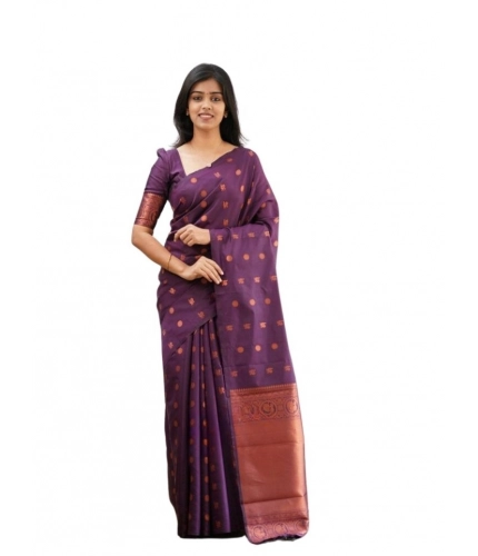 Generic Women's Soft Lichi Silk Printed Saree With Unstitched Blouse 5.5Mtr (Purple)
