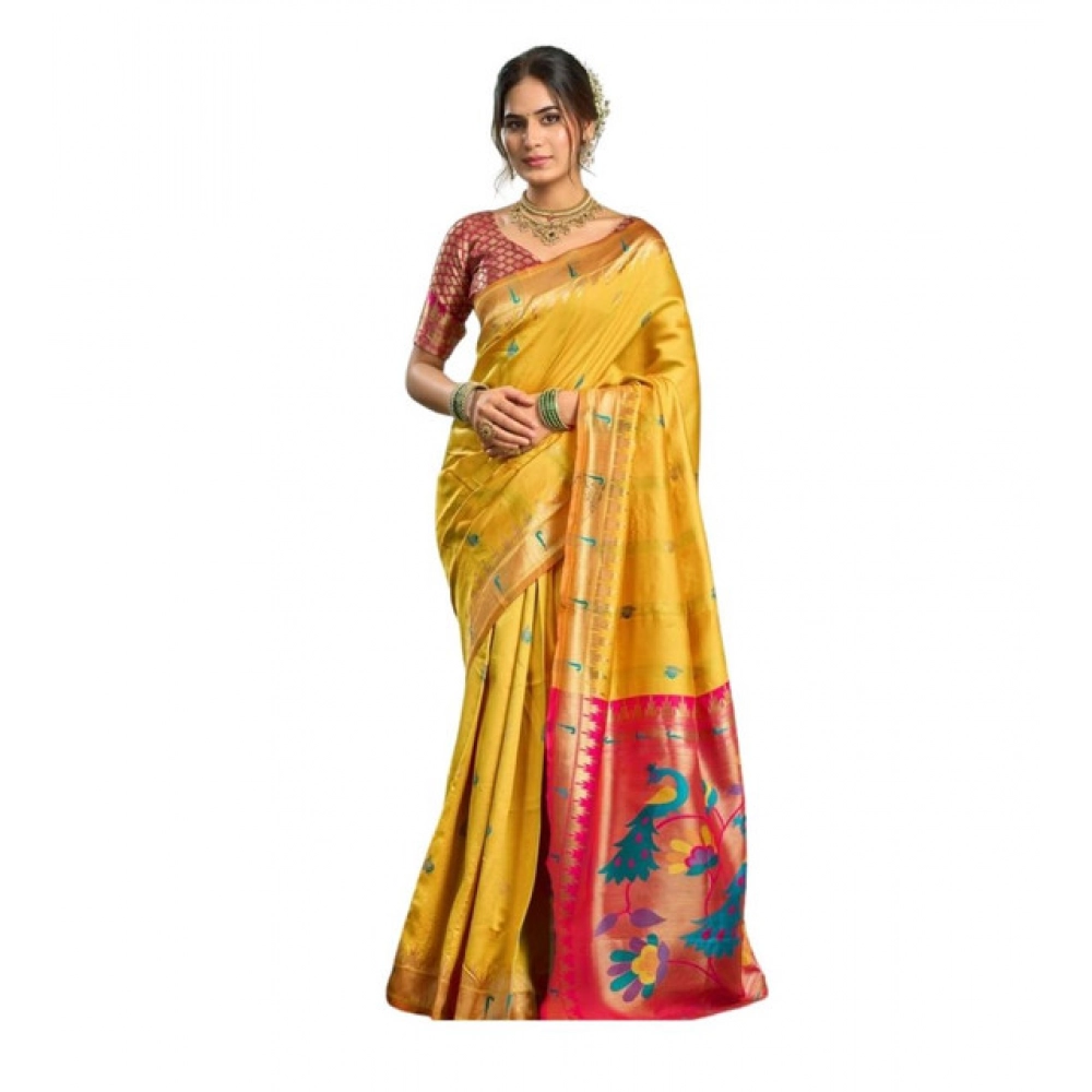 Generic Women's Silk Blend Woven Saree With Unstitched Blouse 5.5 Mtr (Mustard)