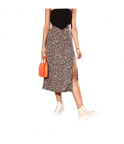 Generic Women's Polyester Floral Side Zip Skirt (Grey - Coral)
