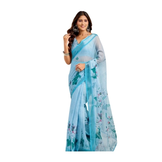 Generic Women's Linen Cotton Printed Ready To Wear Saree With Unstitched Blouse 5.5 Mtr (Sky_Blue)