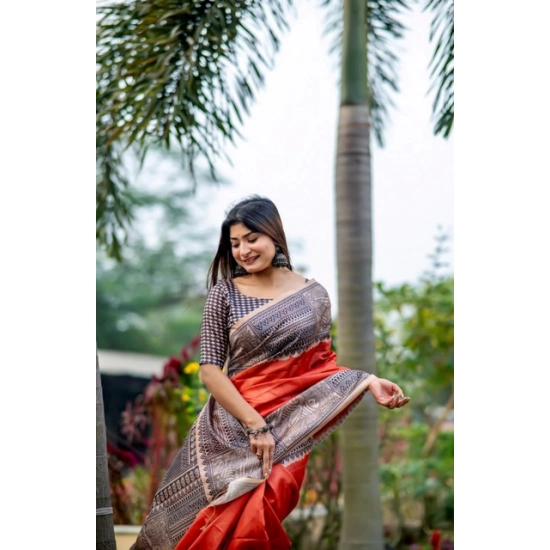 Generic Women's Faux_Tussar Geometric_Print Saree With Unstitched Blouse 5.5Mtr (Orange) Generic Women's Faux_Tussar Geometric_Print Saree With Unstitched Blouse 5.5Mtr (Orange)