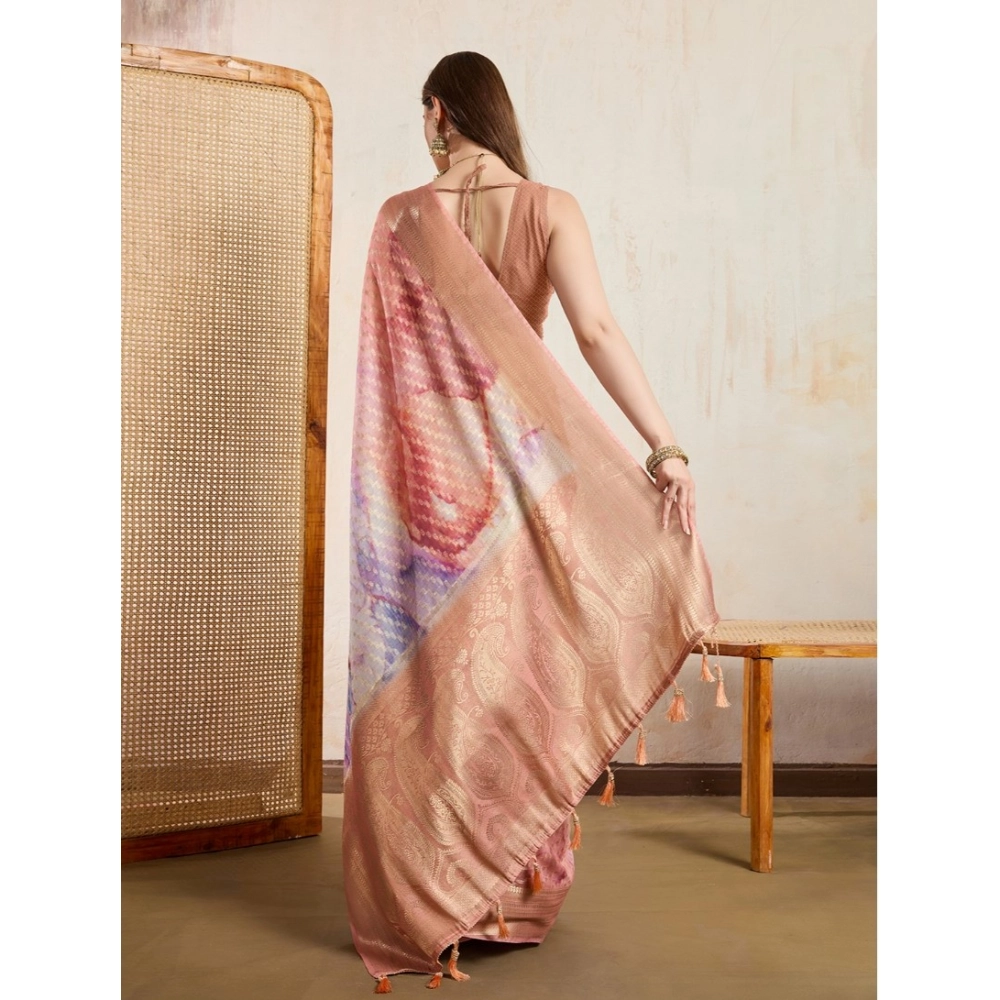 Generic Women's Viscose Printed Saree With Unstitched Blouse 5.5Mtr (Peach)