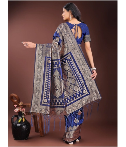 Generic Women's Silk Printed Saree With Unstitched Blouse 5.5Mtr (Navy Blue)