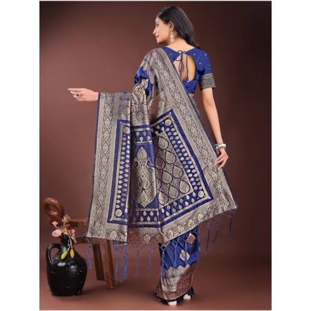 Generic Women's Silk Printed Saree With Unstitched Blouse 5.5Mtr (Navy Blue)
