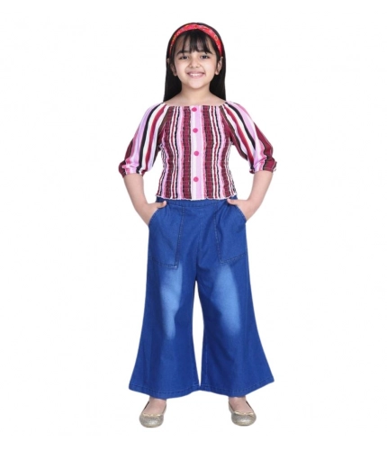 Generic Girl's Rayon Solid Bell Sleeve Top with Culottes (Purple-Blue)