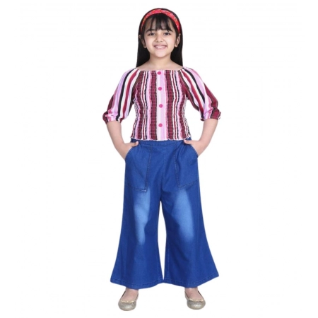 Generic Girl's Rayon Solid Bell Sleeve Top with Culottes (Purple-Blue) Generic Girl's Rayon Solid Bell Sleeve Top with Culottes (Purple-Blue)