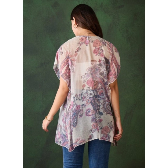 Generic Women's Chiffon Printed Short Sleeves Shrug (White - Purple)