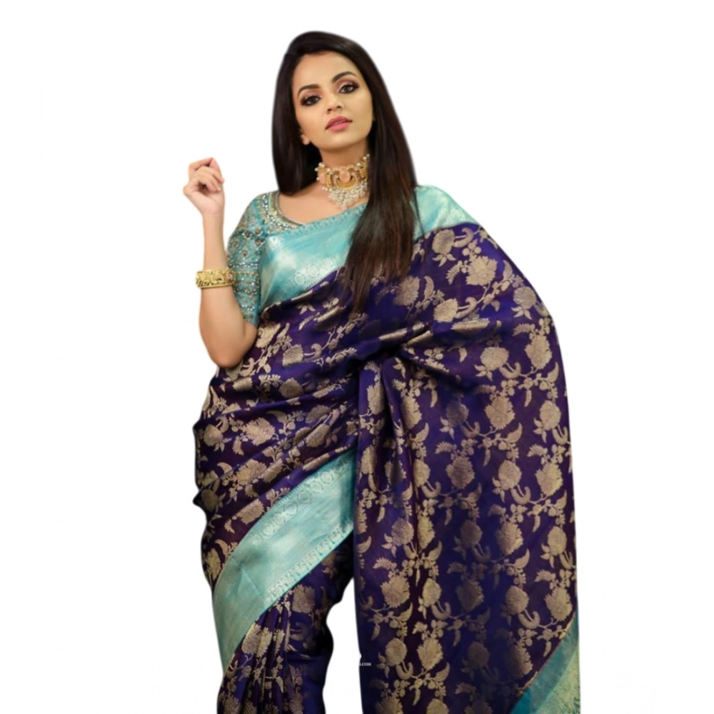 Generic Women's Soft Litchi Silk Jacquard Work Saree With Unstitched Blouse 5.5Mtr (Blue)