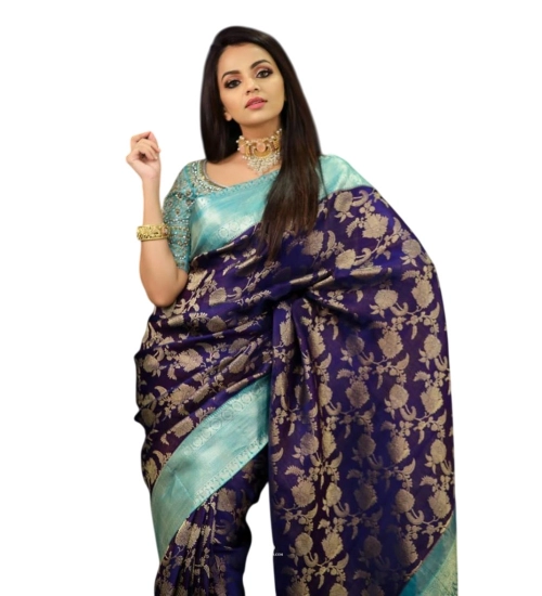 Generic Women's Soft Litchi Silk Jacquard Work Saree With Unstitched Blouse 5.5Mtr (Blue)