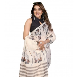 Generic Women's Linen Cotton Printed Saree With Unstitched Blouse 5.5Mtr (Off White)