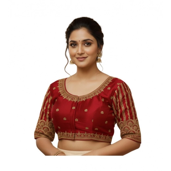 Generic Women's Phantom Silk Embroidered Designer Neck Padded Blouse (Maroon 38 Ready (Alterable up to 42)