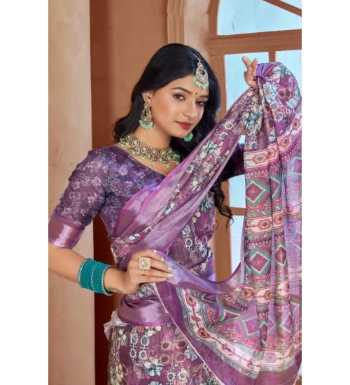 Generic Women's Printed Cotton Linen Saree withPrinted  Saree With Unstitched Blouse (Purple, 5-6Mtrs)