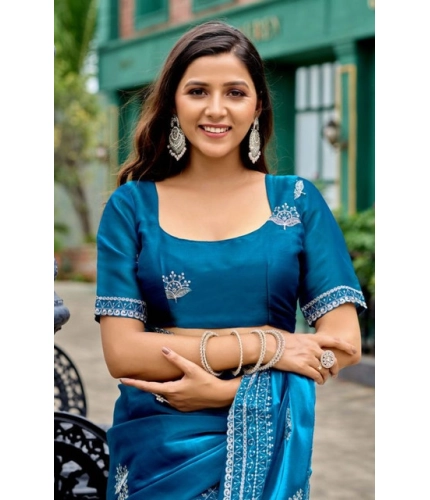 Generic Women's Faux Shimmer Motif Ready to wear Saree With Unstitched Blouse 5.5Mtr (Blue)